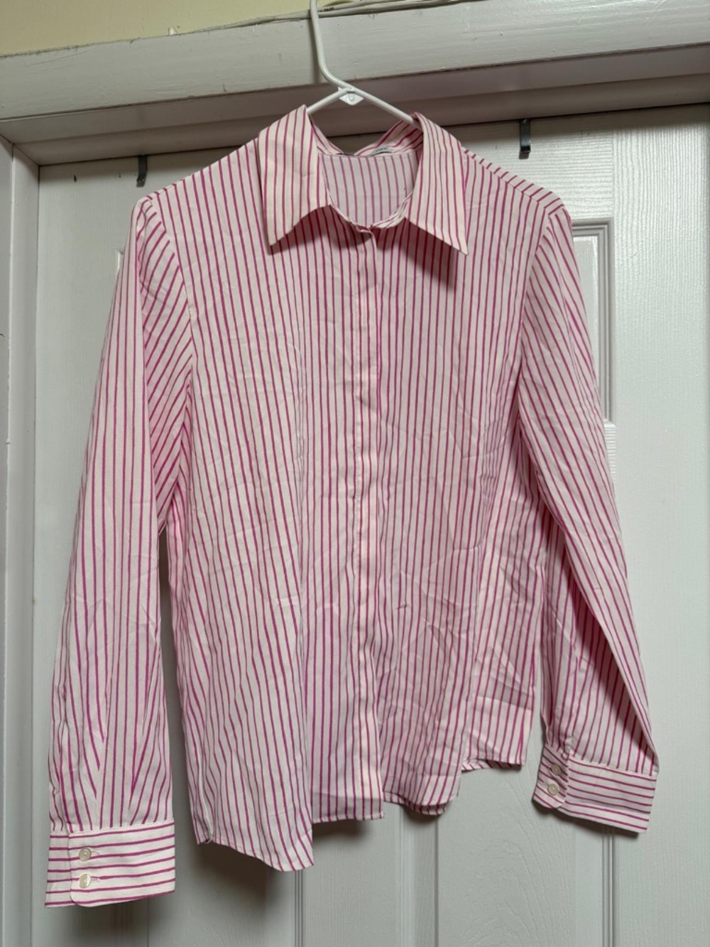 Mango Women Button Up Blouse White Magenta Stripes Size 6
